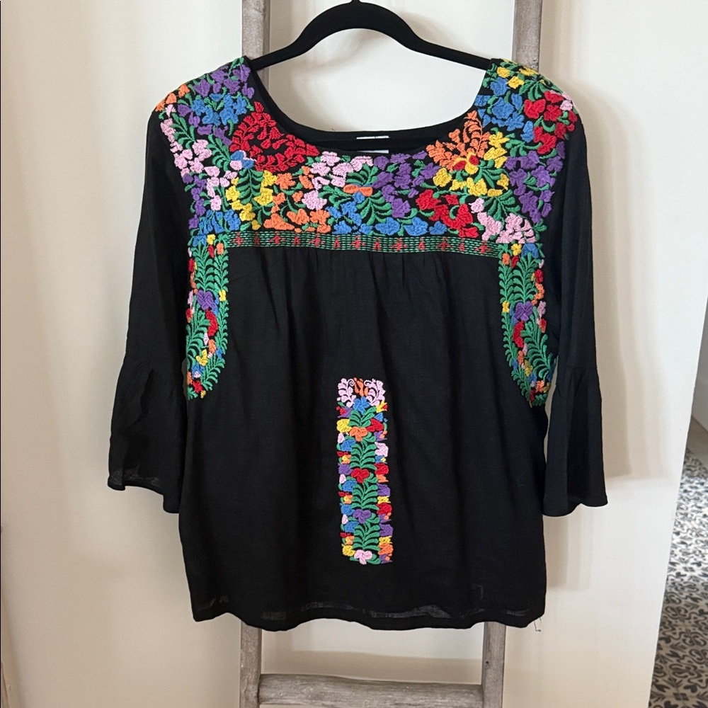 Floral Embroidered Black Blouse